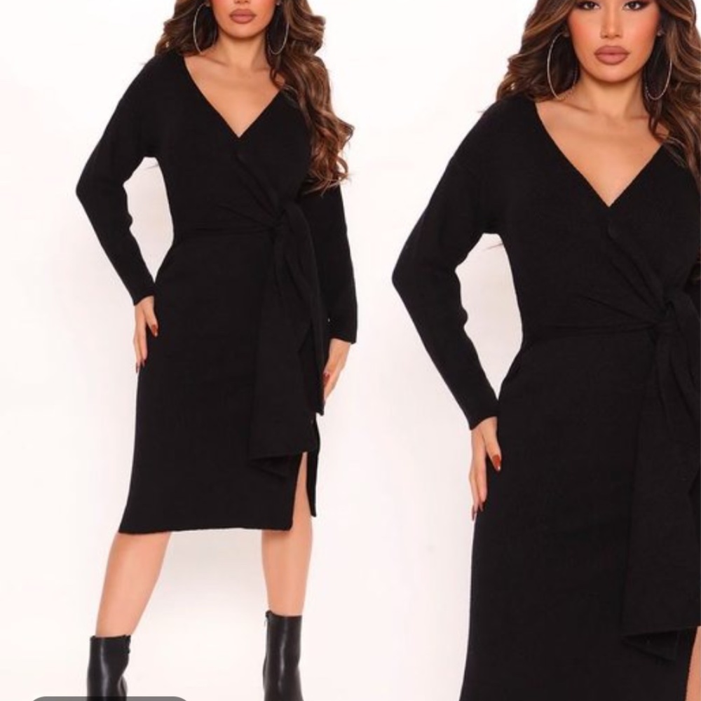 Fashion Nova Tied To Your Side Sweater Midi Dress - Black NWT Size M long sleeve